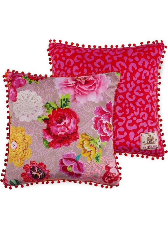 Happiness Gevulde Sierkussen Met Pom Poms Roze - 50x50