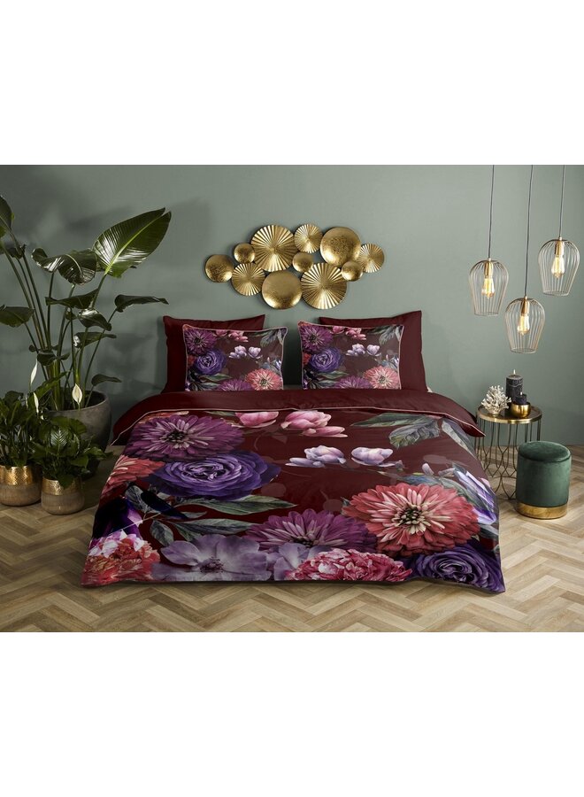 Descanso Dekbedovertrek Bloomie Bordeaux - Biologisch Katoensatijn