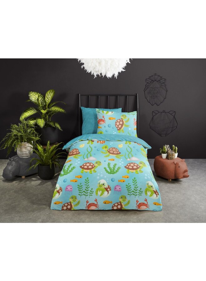 Good Morning Dekbedovertrek Kids Turtles Blauw - Katoen