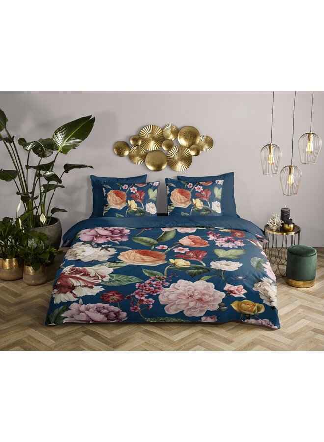 Descanso Dekbedovertrek Fiori Blauw- Biologisch Katoensatijn