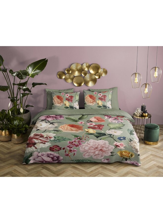 Descanso Dekbedovertrek Fiori Groen - Biologisch Katoensatijn