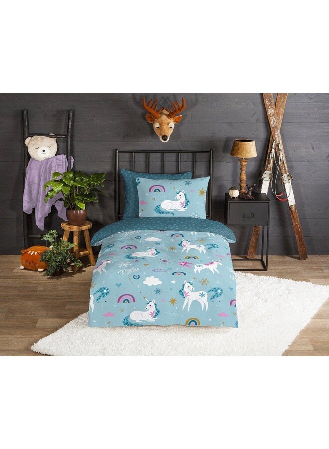 Good Morning Dekbedovertrek Kids Snowycorn Blauw - Flanel