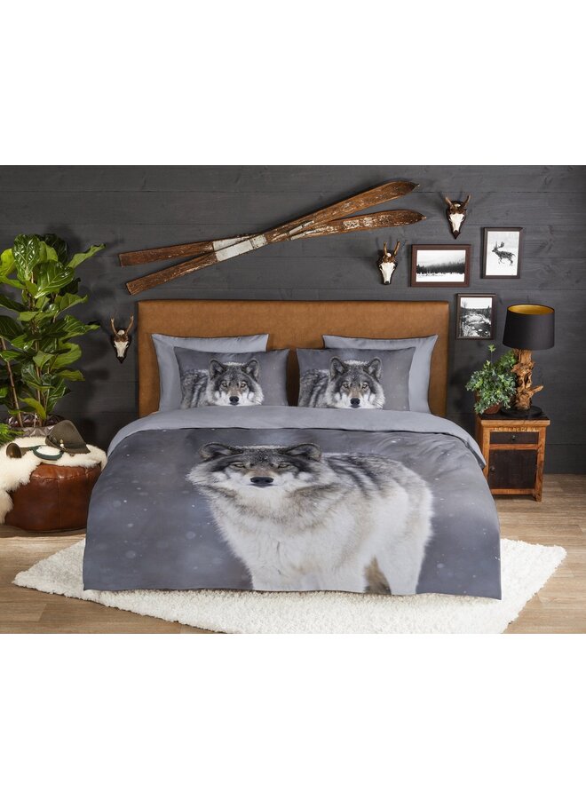 Good Morning Dekbedovertrek Wolfie Grijs - Flanel