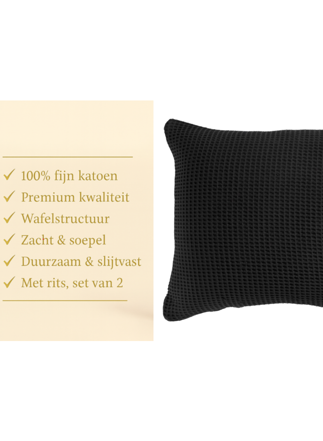 Heckett & Lane Kussenslopen Wafel Zwart - Set Van 2 - Katoen