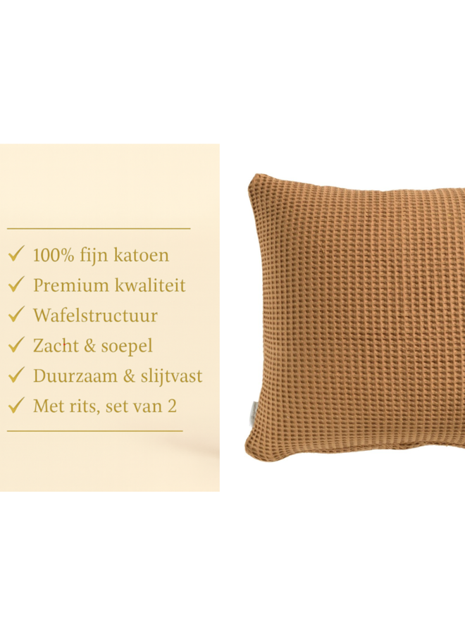 Heckett & Lane Kussenslopen Wafel Cognac Bruin - Set Van 2 - Katoen