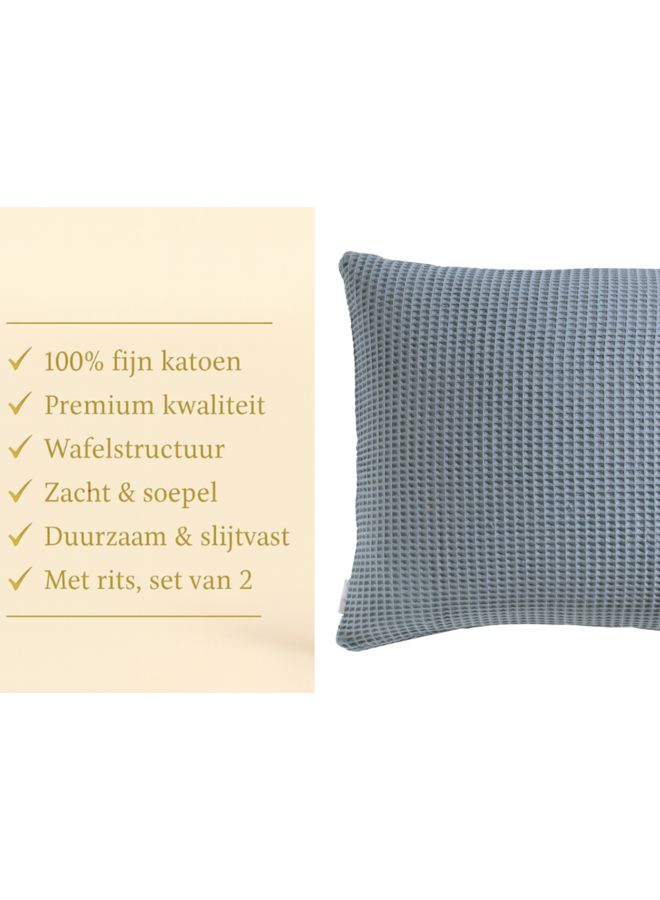Heckett & Lane Kussenslopen Wafel Steel Blauw - Set Van 2 - Katoen