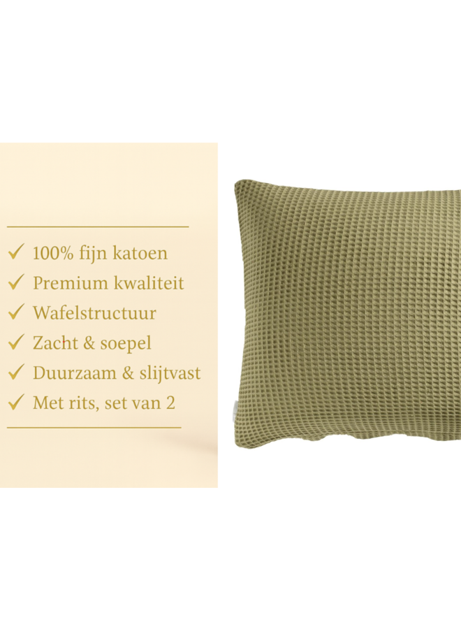Heckett & Lane Kussenslopen Wafel Olijfgroen - Set Van 2 - Katoen