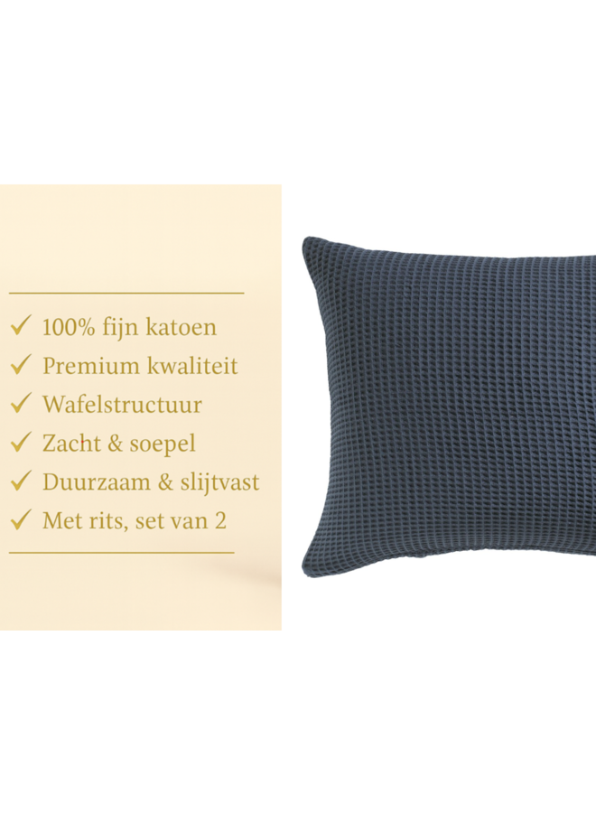 Heckett & Lane Kussenslopen Wafel Donkerblauw - Set Van 2 - Katoen