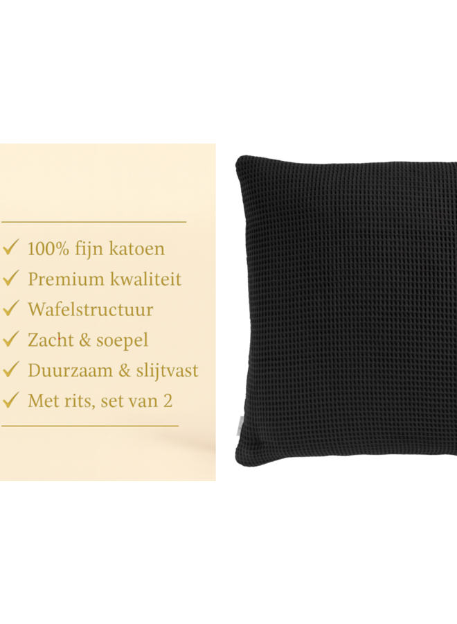 Heckett & Lane Kussenslopen Wafel (Set Van 2) Deep Zwart - 80x80 - Katoen