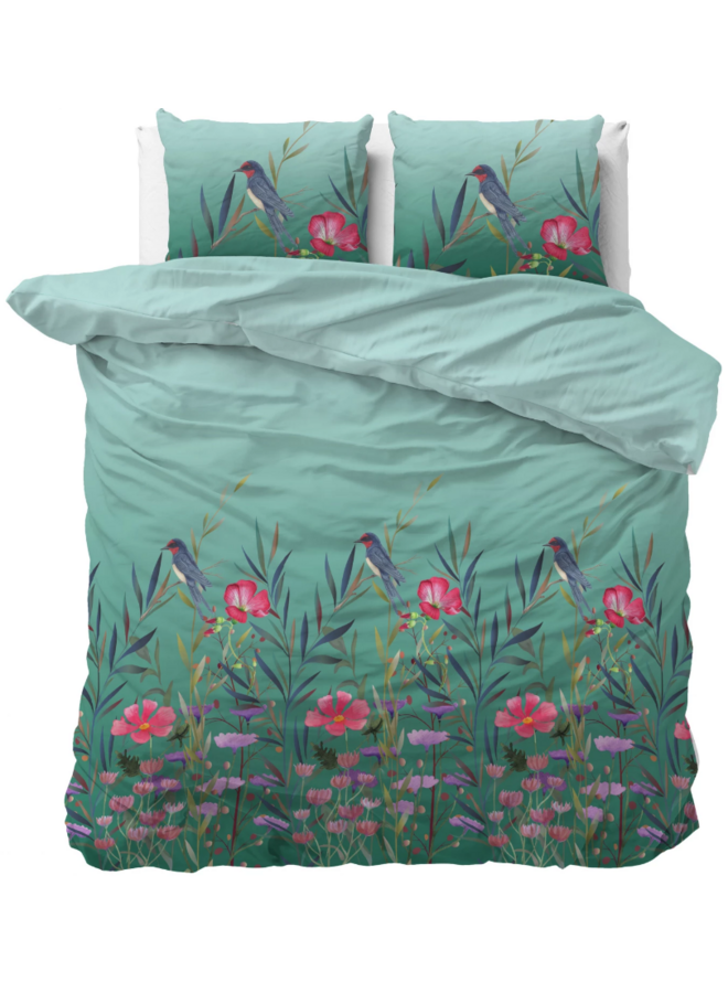 Dekbedovertrek Flower & Birds Turquoise - Microvezel