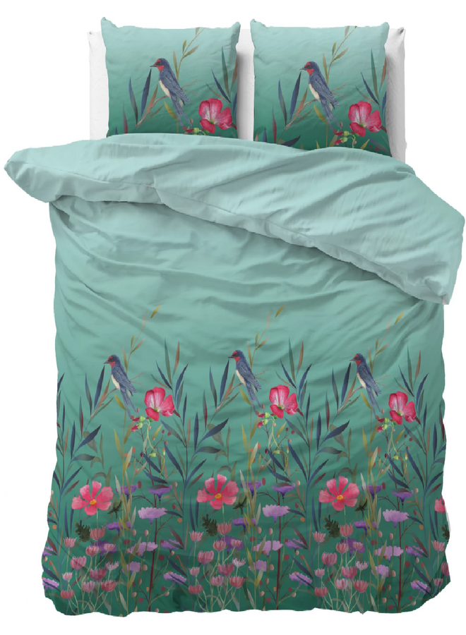 Sleeptime Dekbedovertrek Flower & Birds Turquoise - Microvezel