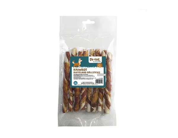 De-Tail Kauwbot buffelhuid rollstick wit met kip/bacon 13 cm 8 pcs