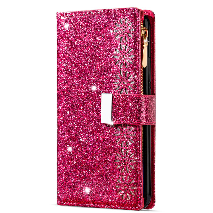 JVS Products iPhone X hoesje - Bookcase - Koord - Pasjeshouder - Portemonnee - Glitter - Bloemenpatroon - Kunstleer - Roze