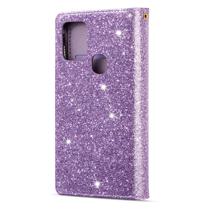 JVS Products Samsung Galaxy S21 FE hoesje - Bookcase - Koord - Pasjeshouder - Portemonnee - Glitter - Bloemenpatroon - Kunstleer - Paars