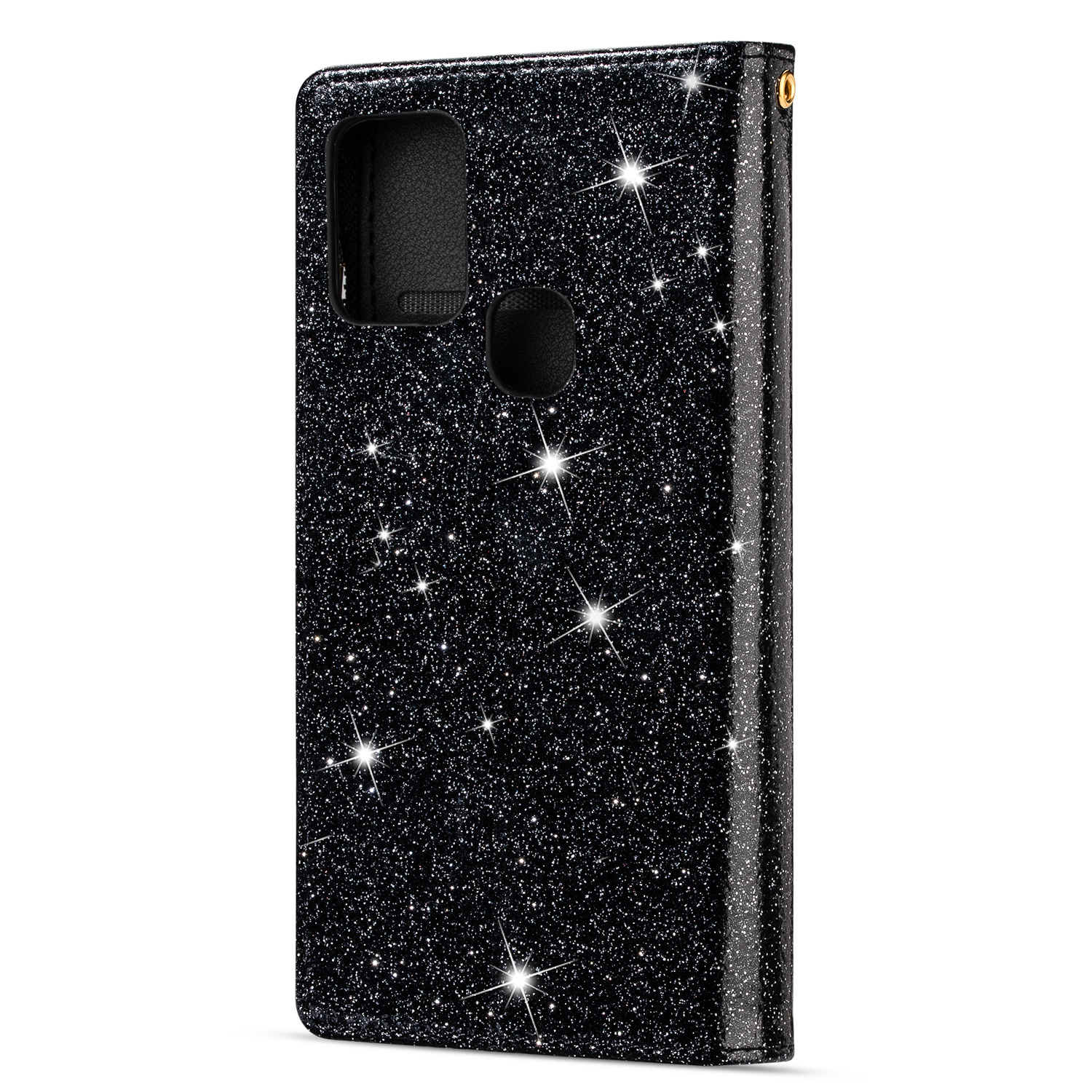 JVS Products Samsung Galaxy A72 hoesje - Bookcase - Koord - Pasjeshouder - Portemonnee - Glitter - Bloemenpatroon - Kunstleer - Zwart