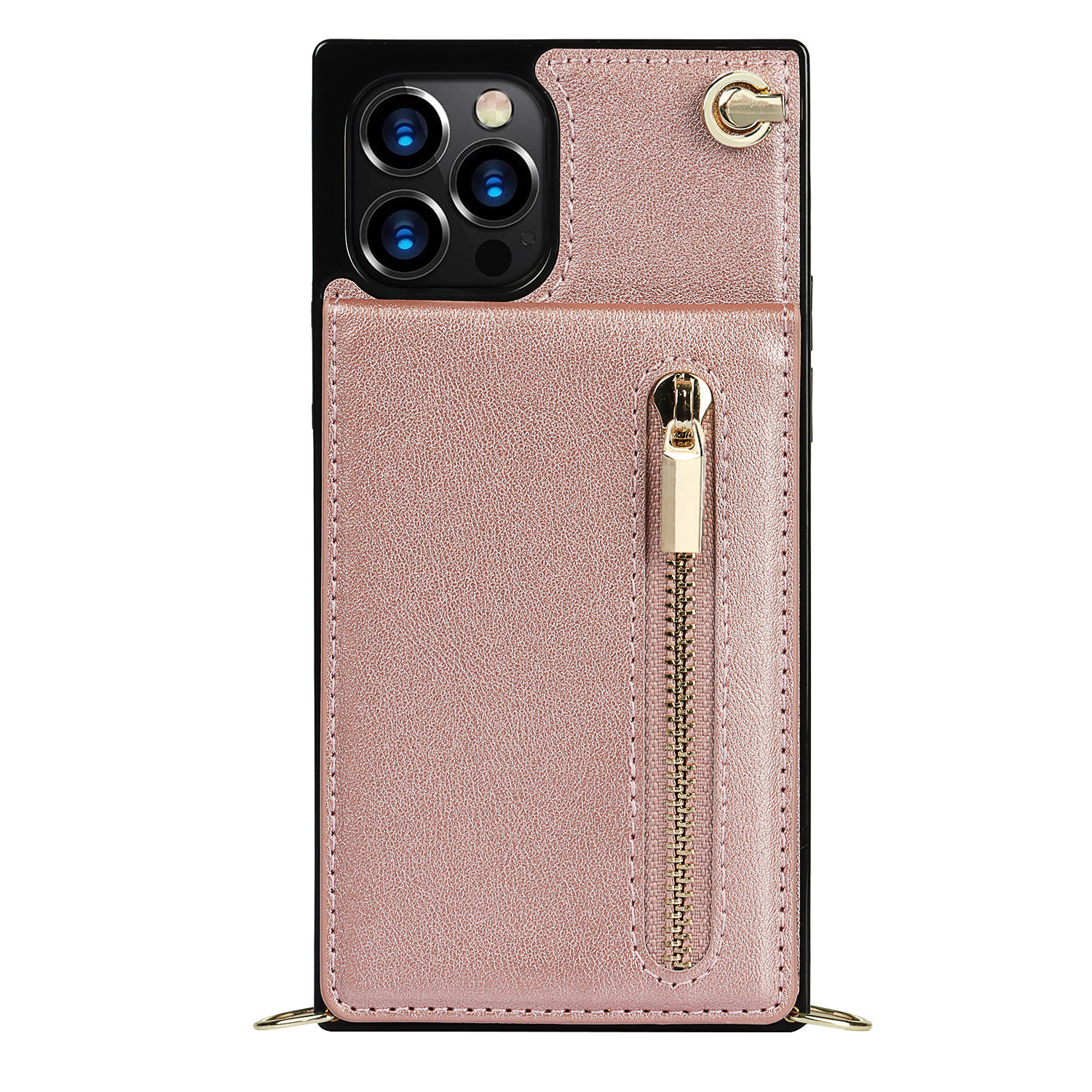 iPhone 12 Back Cover Hoesje met Koord - Pasjeshouder - PU Kunstleer - Koord - Apple iPhone 12 - Rose Goud