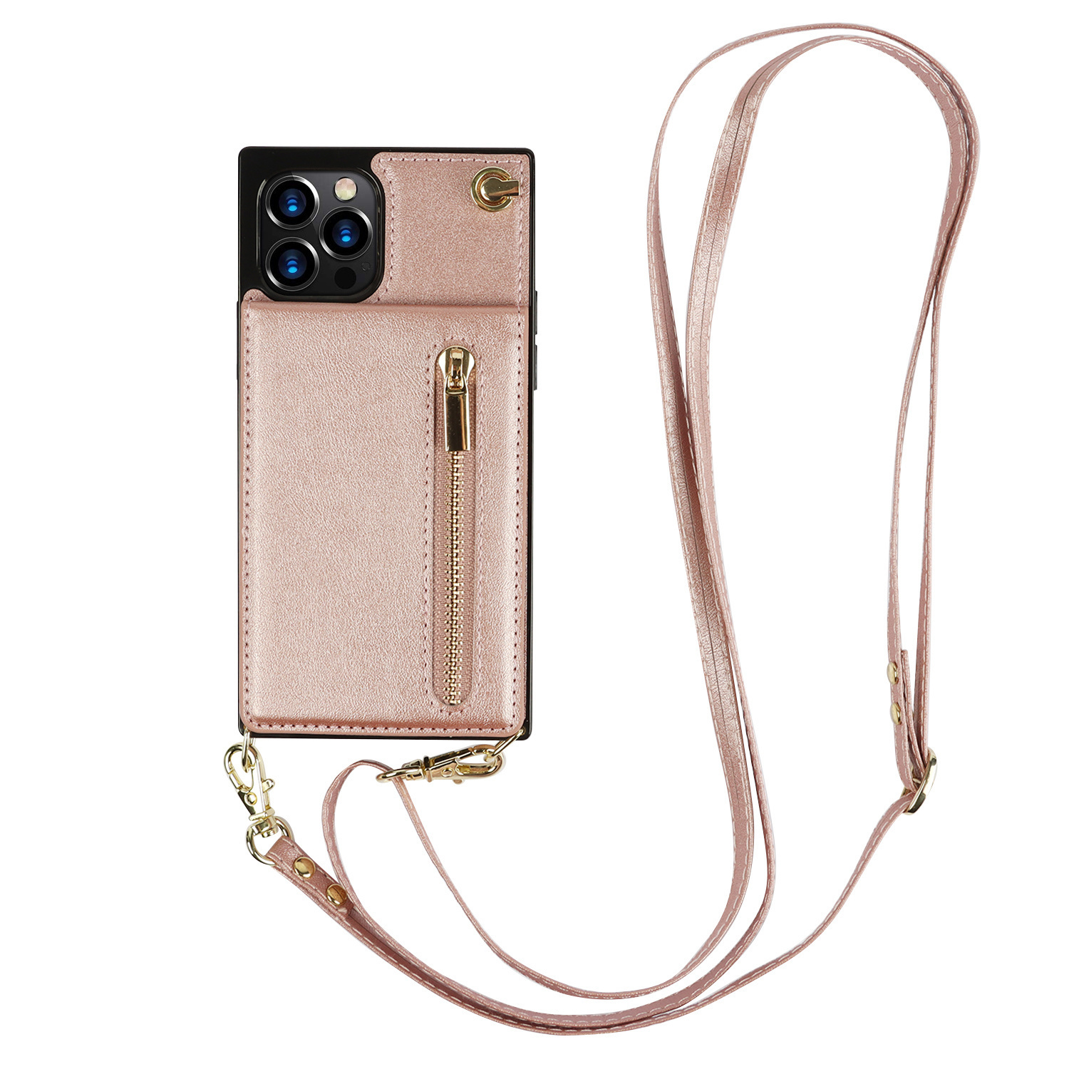 iPhone 12 Back Cover Hoesje met Koord - Pasjeshouder - PU Kunstleer - Koord - Apple iPhone 12 - Rose Goud