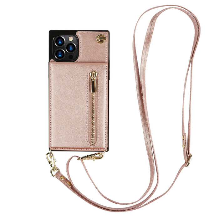 JVS Products iPhone 12 Pro Max hoesje - Backcover - Pasjeshouder - Portemonnee - Koord - Kunstleer - Rose Goud