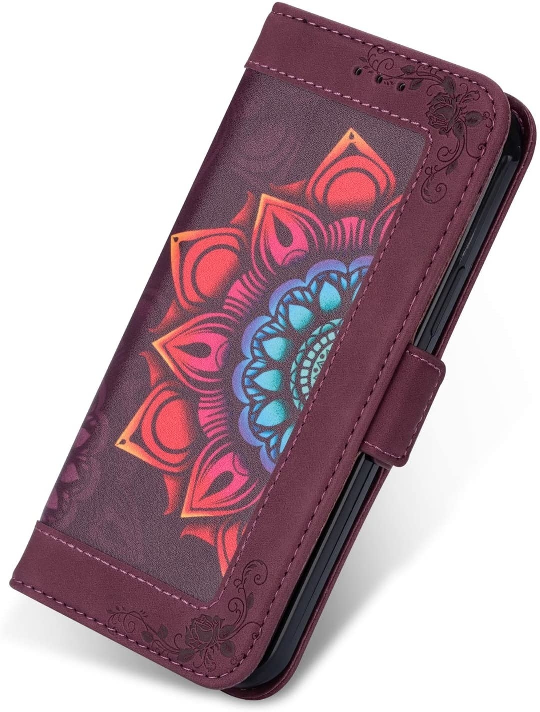 JVS Products iPhone XS Max hoesje - Bookcase - Koord - Pasjeshouder - Portemonnee - Mandalapatroon - Kunstleer - Bordeaux Rood
