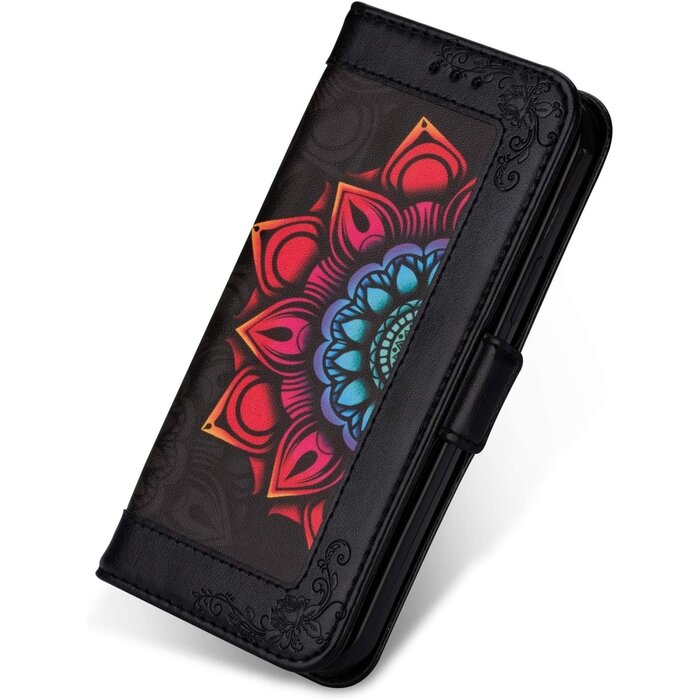 JVS Products iPhone 12 Pro hoesje - Bookcase - Koord - Pasjeshouder - Portemonnee - Mandalapatroon - Kunstleer - Zwart