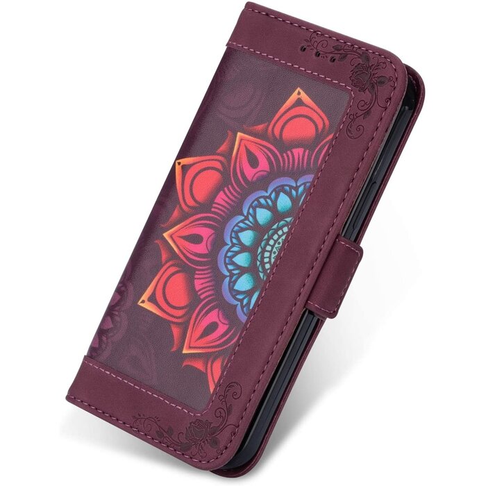 JVS Products Samsung Galaxy Note 20 hoesje - Bookcase - Koord - Pasjeshouder - Portemonnee - Mandalapatroon - Kunstleer - Bordeaux Rood