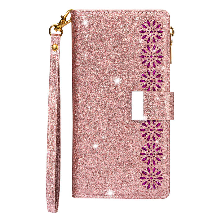 JVS Products iPhone 7 hoesje - Bookcase - Koord - Pasjeshouder - Portemonnee - Glitter - Bloemenpatroon - Kunstleer - Rose Goud