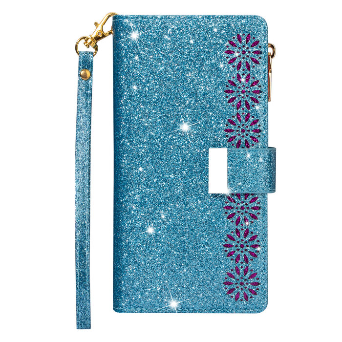 JVS Products Samsung Galaxy Note 20 hoesje - Bookcase - Koord - Pasjeshouder - Portemonnee - Glitter - Bloemenpatroon - Kunstleer - Blauw