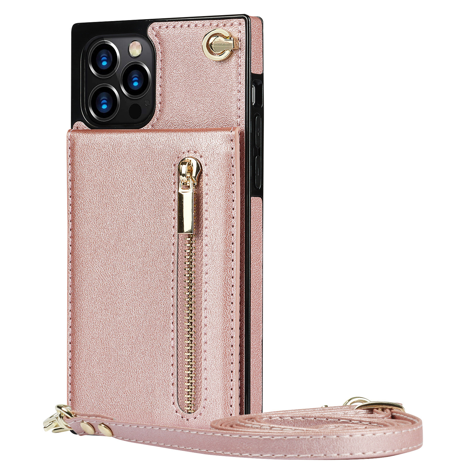 iPhone 12 Back Cover Hoesje met Koord - Pasjeshouder - PU Kunstleer - Koord - Apple iPhone 12 - Rose Goud