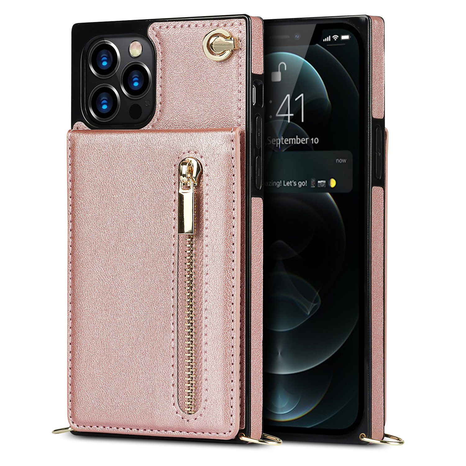 iPhone 12 Back Cover Hoesje met Koord - Pasjeshouder - PU Kunstleer - Koord - Apple iPhone 12 - Rose Goud