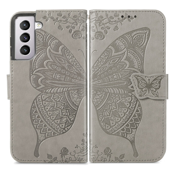 JVS Products Xiaomi Redmi Note 9T 5G hoesje - Bookcase - Pasjeshouder - Portemonnee - Vlinderpatroon - Kunstleer - Grijs