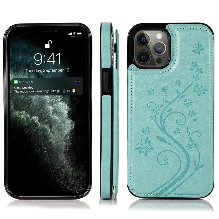 JVS Products iPhone 7 hoesje - Backcover - Pasjeshouder - Portemonnee - Bloemenprint - Kunstleer - Turquoise