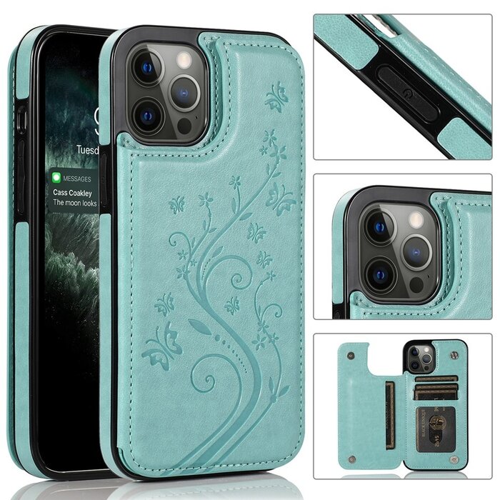 JVS Products iPhone 7 hoesje - Backcover - Pasjeshouder - Portemonnee - Bloemenprint - Kunstleer - Turquoise