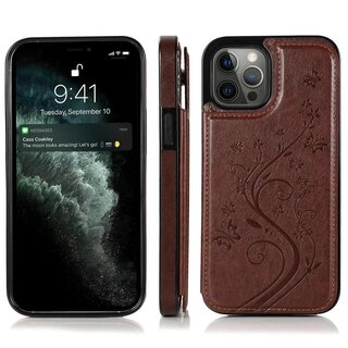 JVS Products iPhone X hoesje - Backcover - Pasjeshouder - Portemonnee - Bloemenprint - Kunstleer - Bruin