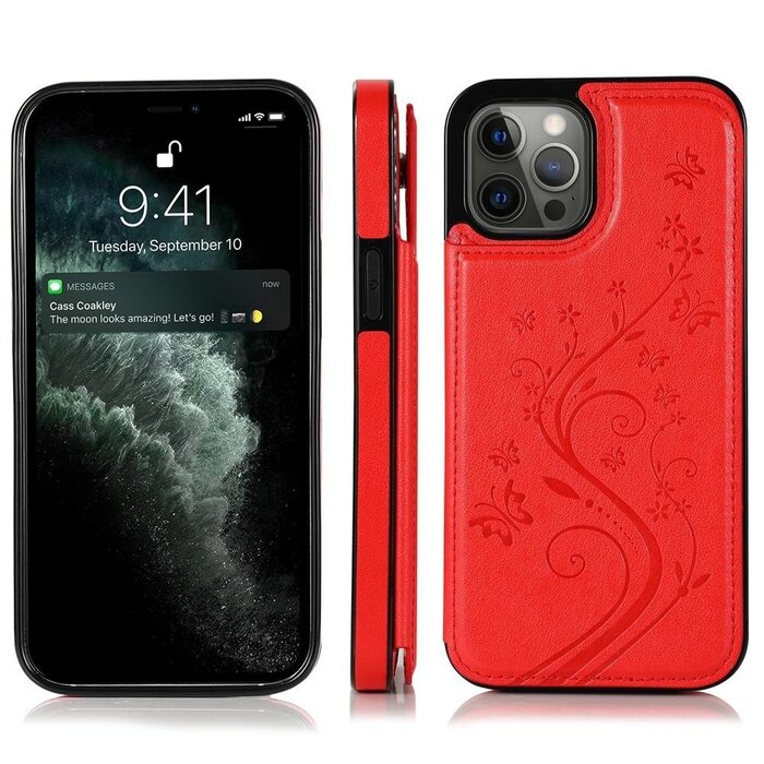 JVS Products iPhone 11 hoesje - Backcover - Pasjeshouder - Portemonnee - Bloemenprint - Kunstleer - Rood