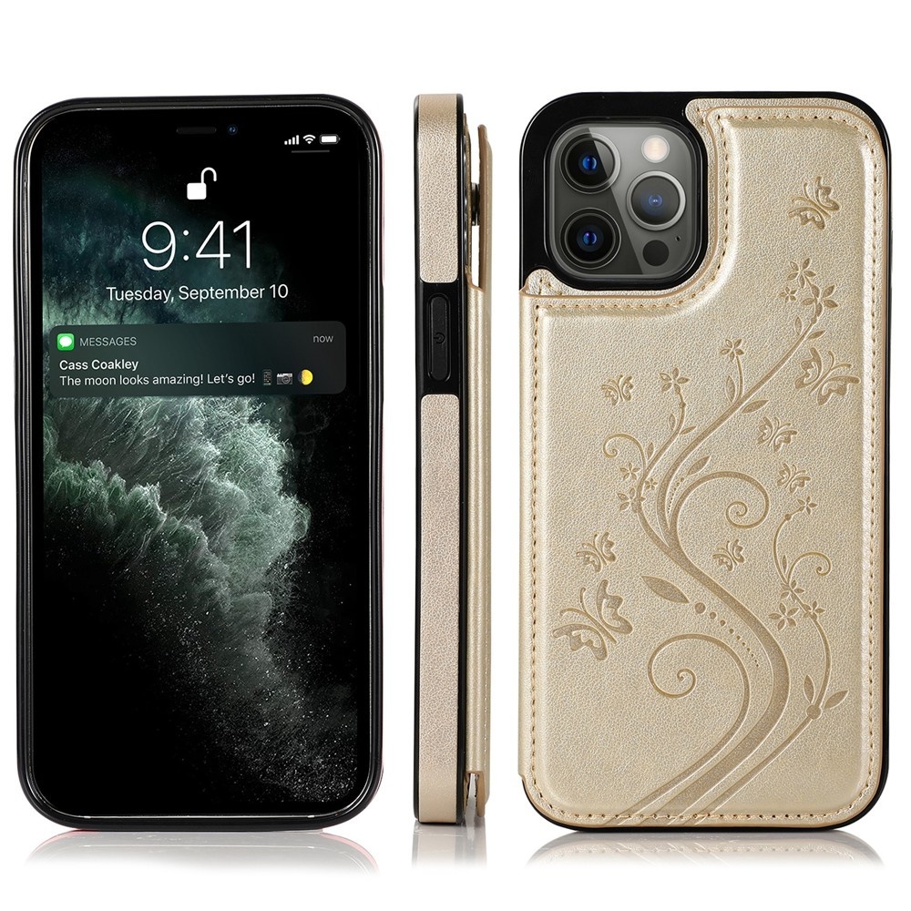 JVS Products iPhone 12 Pro hoesje - Backcover - Pasjeshouder - Portemonnee - Bloemenprint - Kunstleer - Goud
