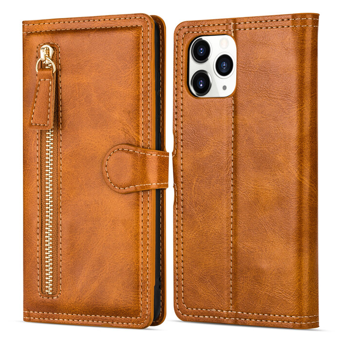 JVS Products Samsung Galaxy A71 hoesje - Bookcase - Pasjeshouder - Portemonnee - Rits - Kunstleer - Lichtbruin