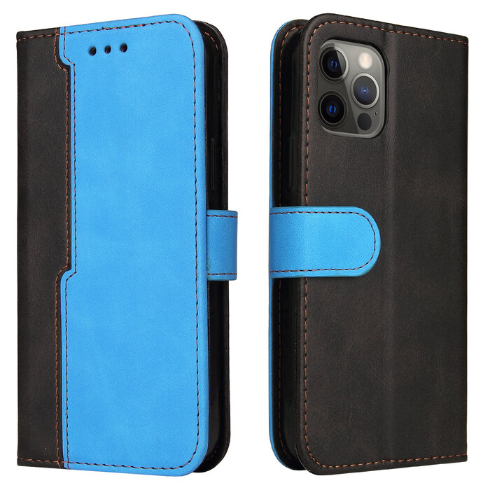 JVS Products iPhone 12 Pro hoesje - Bookcase - Koord - Pasjeshouder - Portemonnee - Tweekleurig - Kunstleer - Zwart/Blauw