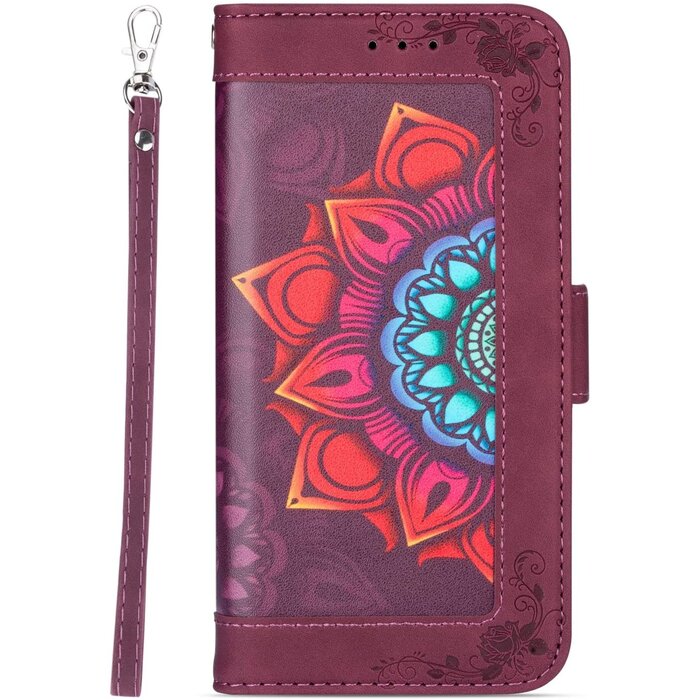 JVS Products iPhone 13 Pro Max hoesje - Bookcase - Koord - Pasjeshouder - Portemonnee - Mandalapatroon - Kunstleer - Bordeaux Rood