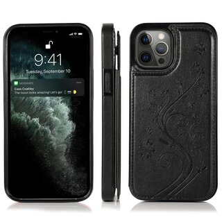 JVS Products iPhone 13 hoesje - Backcover - Pasjeshouder - Portemonnee - Bloemenprint - Kunstleer - Zwart