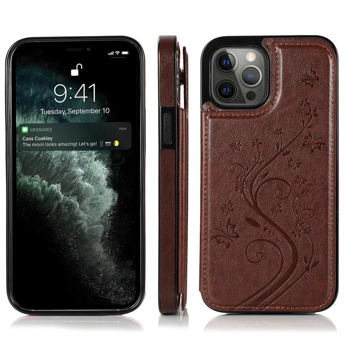 JVS Products iPhone 13 Pro hoesje - Backcover - Pasjeshouder - Portemonnee - Bloemenprint - Kunstleer - Bruin