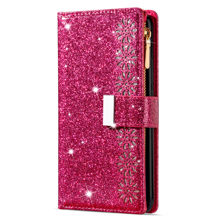 JVS Products Samsung Galaxy A52S hoesje - Bookcase - Koord - Pasjeshouder - Portemonnee - Glitter - Bloemenpatroon - Kunstleer - Roze