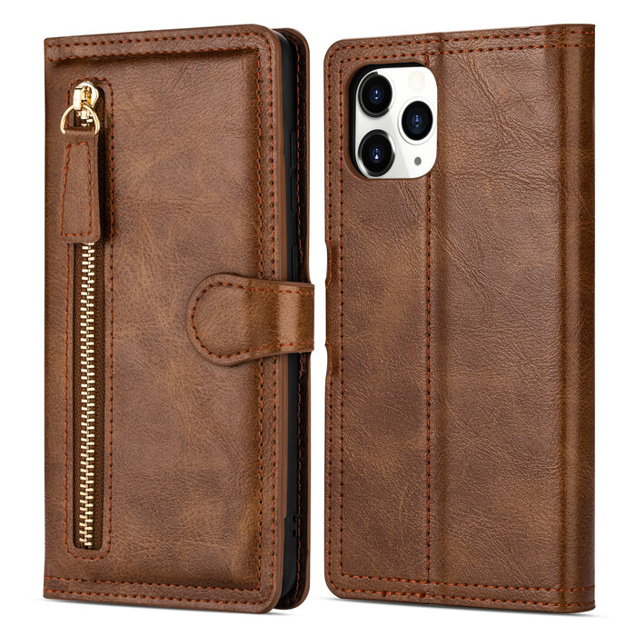 JVS Products Samsung Galaxy S22 Ultra hoesje - Bookcase - Pasjeshouder - Portemonnee - Rits - Kunstleer - Bruin