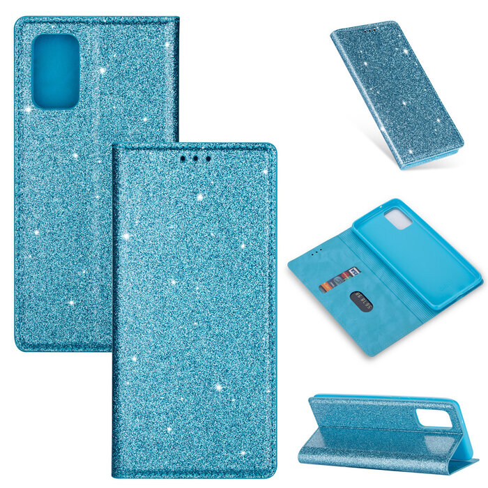 JVS Products Samsung Galaxy S22 Ultra hoesje - Bookcase - Pasjeshouder - Portemonnee - Glitter - TPU - Blauw