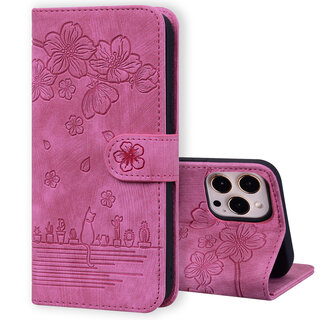 JVS Products iPhone 13 Mini hoesje - Bookcase - Koord - Pasjeshouder - Portemonnee - Camerabescherming - Bloemenpatroon - Kunstleer - Roze