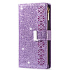 iPhone 14 Pro hoesje - Bookcase - Koord - Pasjeshouder - Portemonnee - Glitter - Bloemenpatroon - Kunstleer - Paars