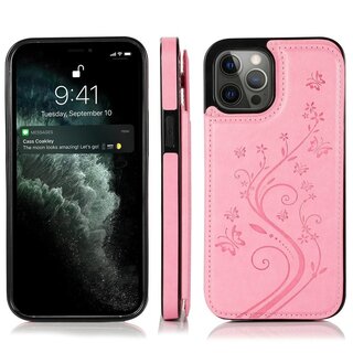 JVS Products iPhone 14 Pro Max hoesje - Backcover - Pasjeshouder - Portemonnee - Bloemenprint - Kunstleer - Roze