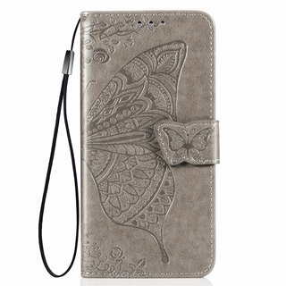 JVS Products iPhone 14 Plus hoesje - Bookcase - Pasjeshouder - Portemonnee - Vlinderpatroon - Kunstleer - Grijs