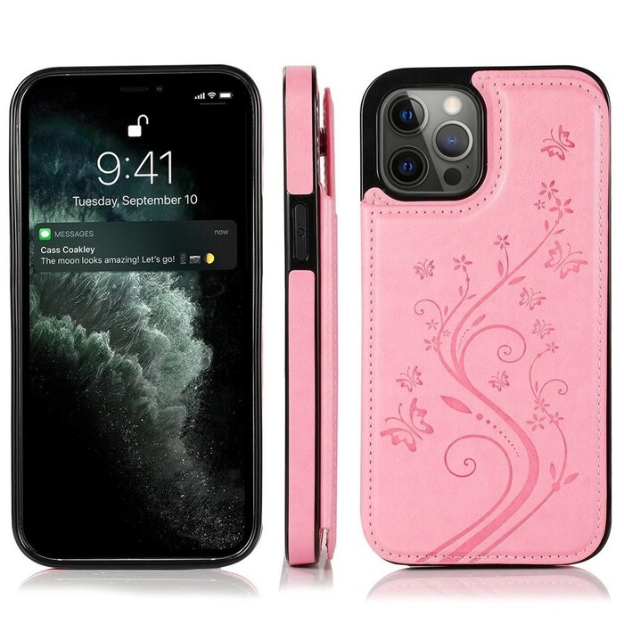 JVS Products Samsung Galaxy S23 Ultra hoesje - Backcover - Pasjeshouder - Portemonnee - Bloemenprint - Kunstleer - Roze