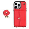 iPhone 13 hoesje - Backcover - Koord - Pasjeshouder - Portemonnee - Kunstleer - Rood