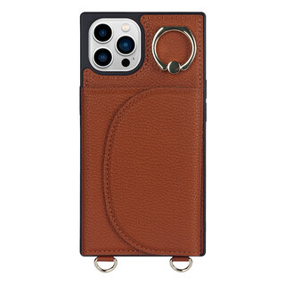 JVS Products iPhone 13 Pro hoesje - Backcover - Pasjeshouder - Portemonnee - Ringhouder - Koord - Kunstleer - Bruin